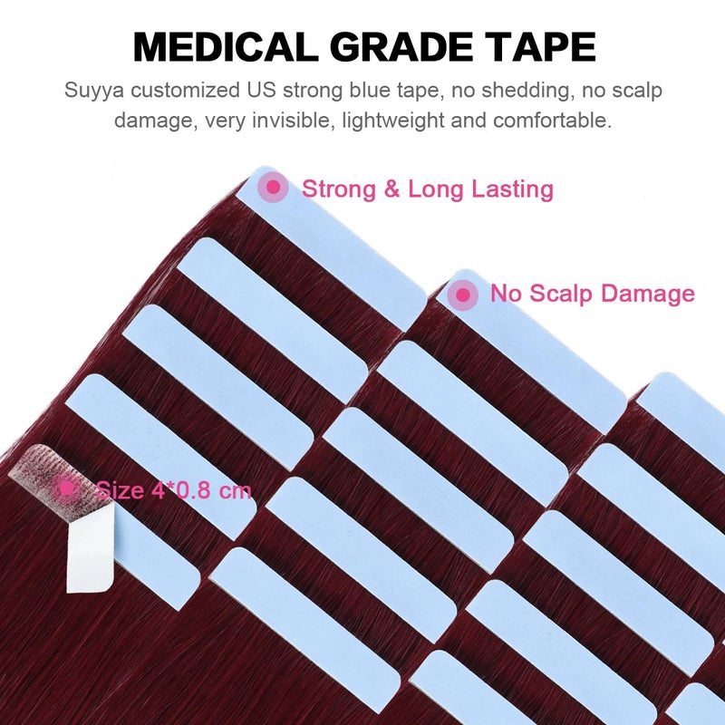 SUYYA Tape in Hair Extensions Burgundy 100% Real Human Hair 12 inches 20pcs 40g/pack Straight Seamless Skin Weft Wine Red Tape Hair Extensions(12 inches#Burgundy) - Image 3